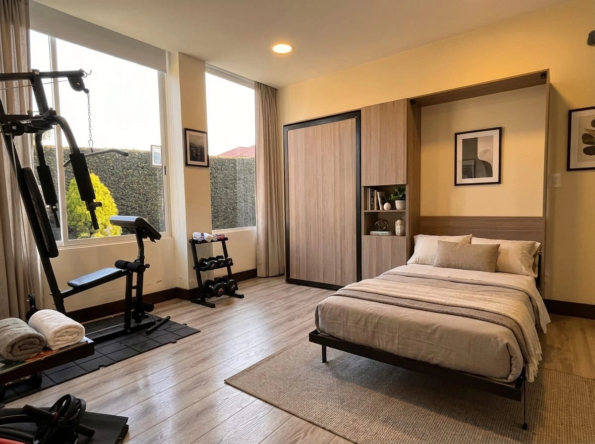 Cama abatible de diseño premium ABAUL integrada en salón minimalista moderno.