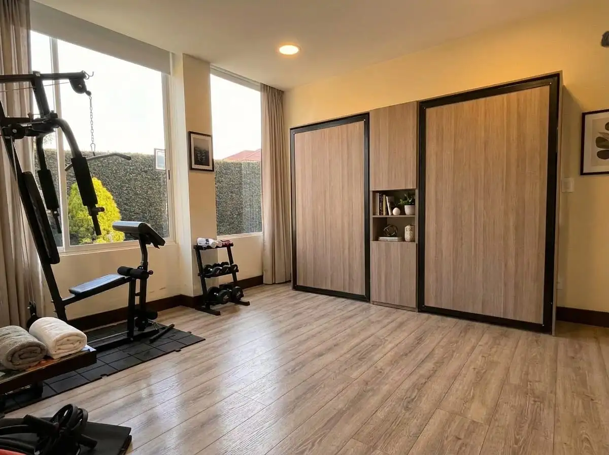 Cama abatible de diseño premium ABAUL integrada en salón minimalista moderno.
